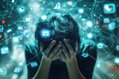 A woman holds her head in her hands with e-mail pictograms